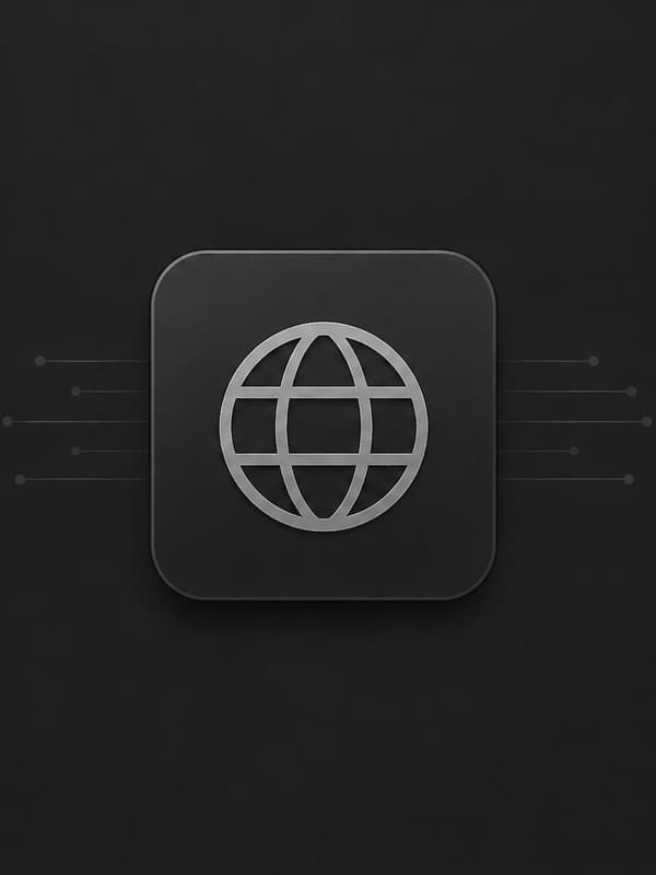A globe icon on a dark rounded tile, circuit traces running out to either side